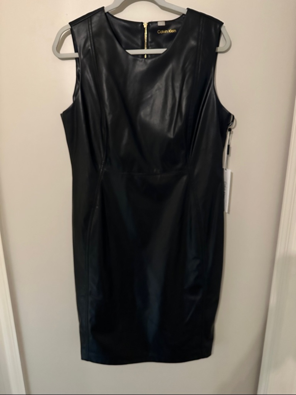 Calvin Klein Black Faux Leather Sheath Dress Size 14 NWT Sleeveless